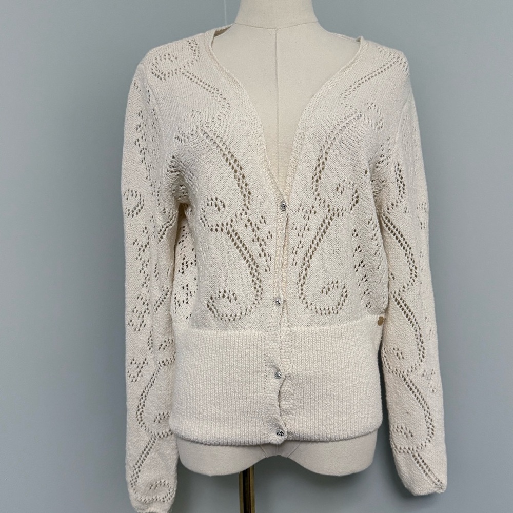 Cream Knit Cardigan Size M Ivory Open Knit Silver Button|mSoft Lightweight